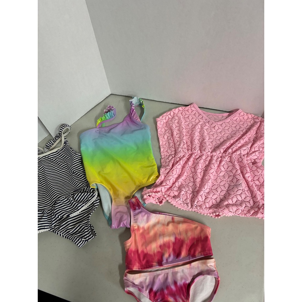 Wonder Nation Girls Swimwear Lot 4pc Rainbow Striped Tie Dye Pink Cover Up‎ 4- 5